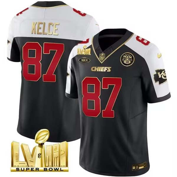 Men's Kansas City Chiefs #87 Travis Kelce Black/White 2024 F.U.S.E. Super Bowl LVIII Patch With 